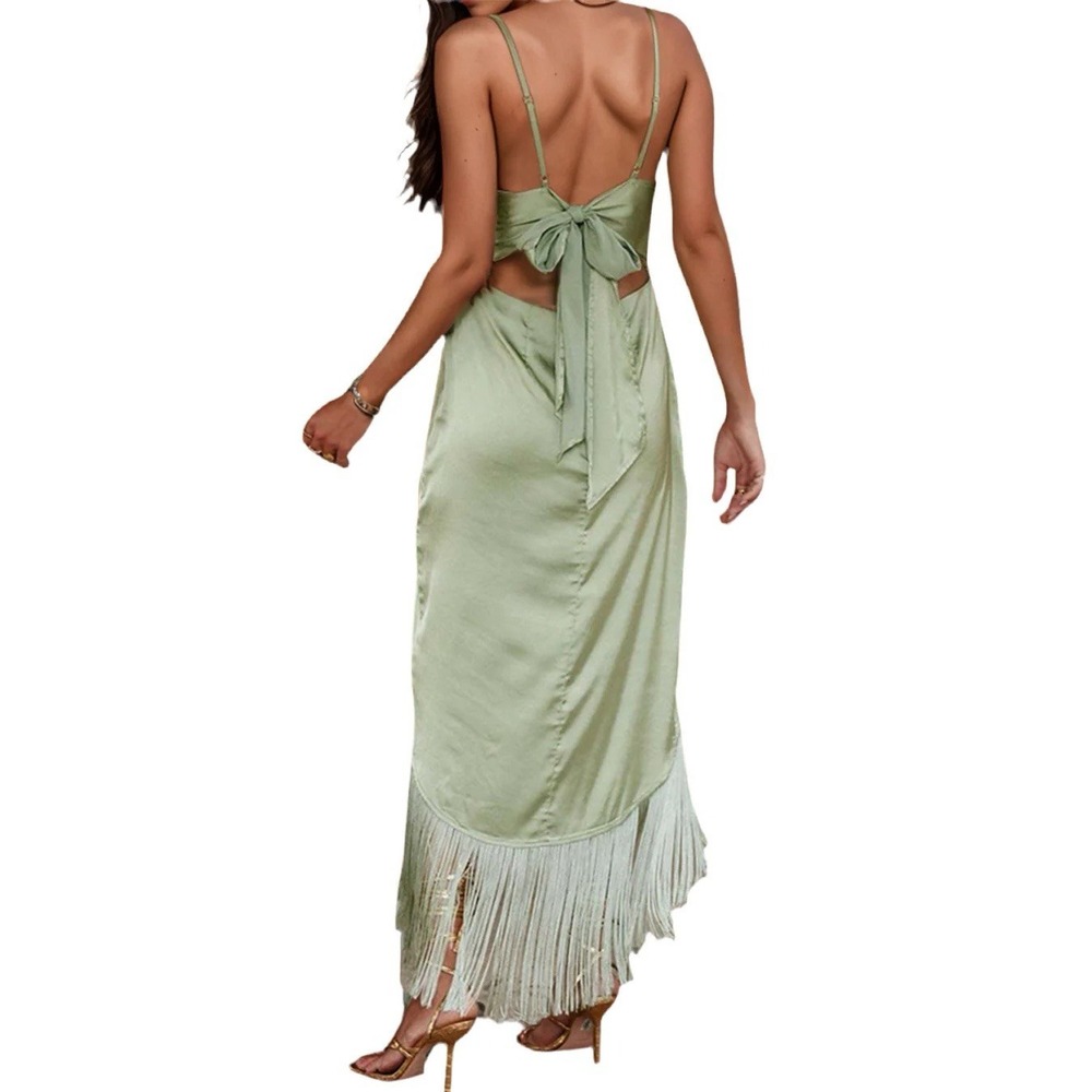 12th Tribe Tulum Green Satin Fringe Midi Dress L (M) Open Tie Back Party Boho - Picture 5 of 12